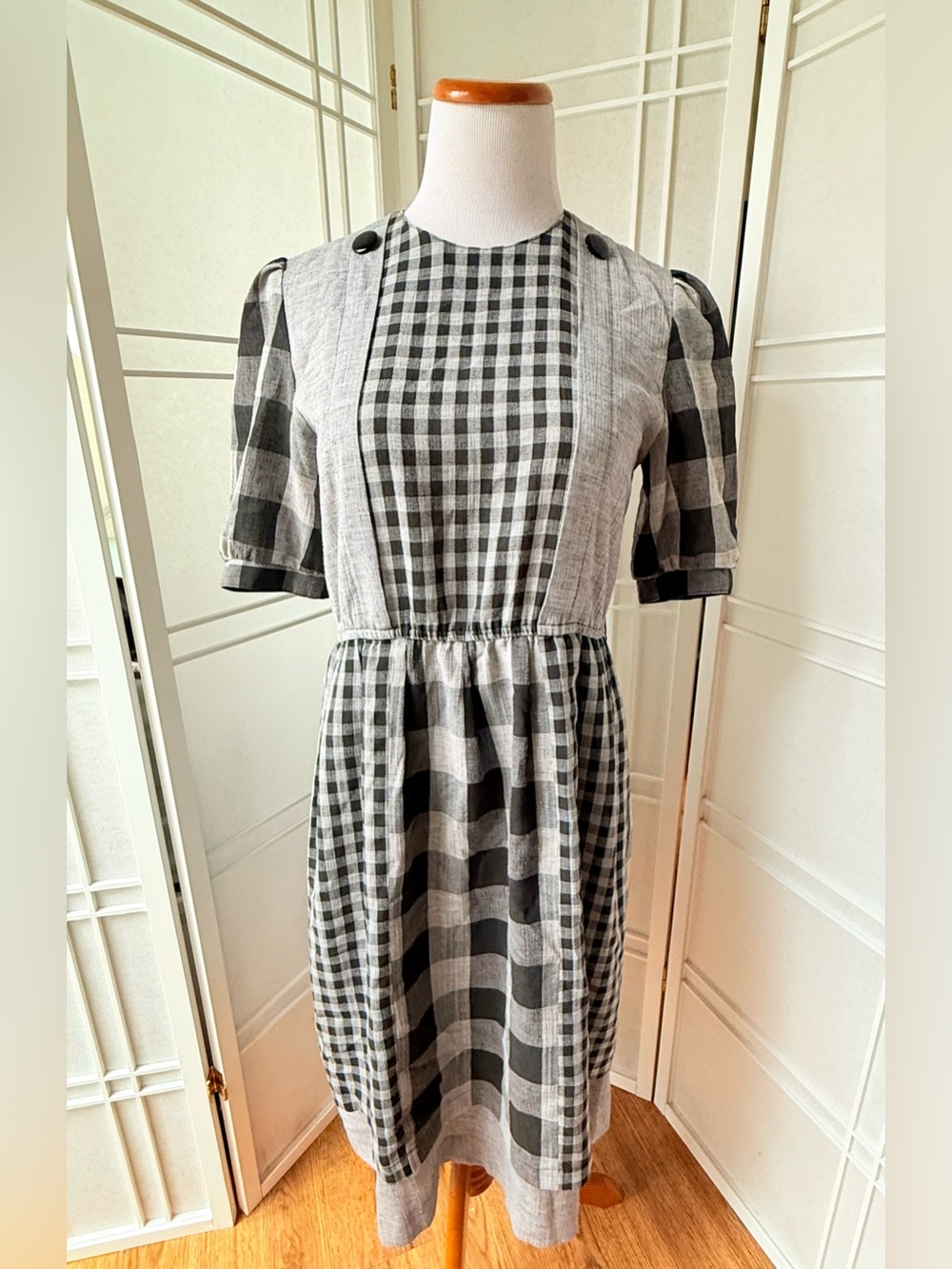 Gingham Puff Sleeve Midi Dress in Black & White